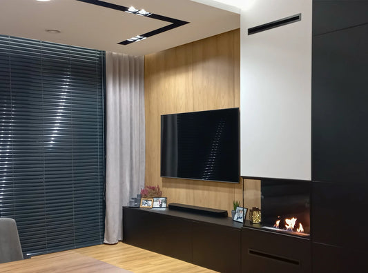 Bioethanol-Eckkamin links – Einbaumodell mattschwarz mit modernem Design