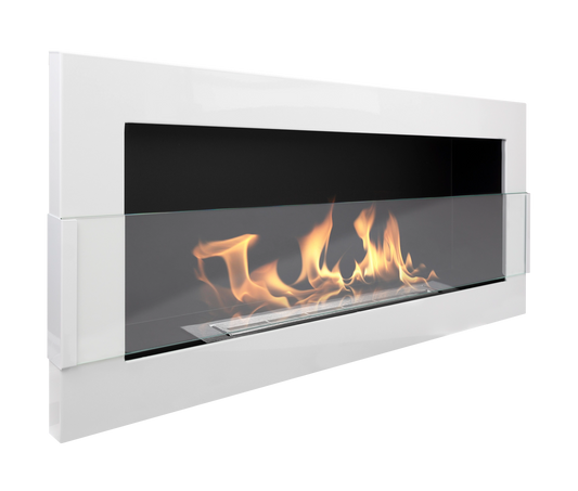 Bio-ethanol wandhaard 90x40 cm wit hoogglans met glas – moderne sfeerhaard zonder schoorsteen