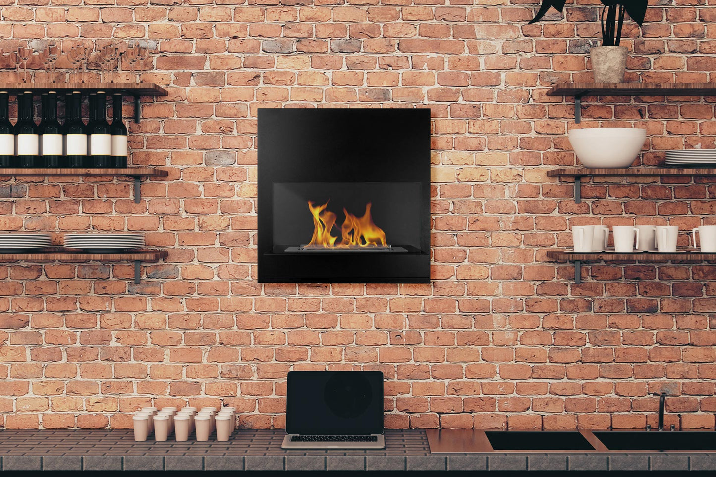 Bio-ethanol wandhaard 45x47 cm zwart mat met glas – compact design