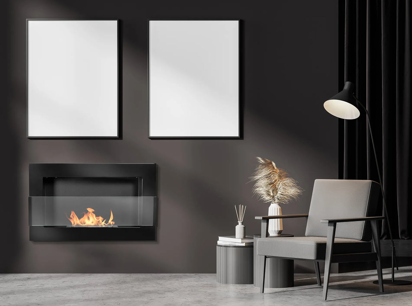 Bio-ethanol wandhaard 65x40 cm zwart hoogglans met glas – modern design