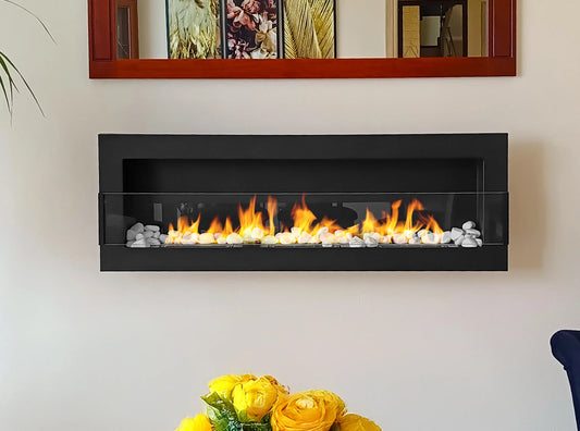 Bio-ethanol wandhaard 1200x400 zwart mat (structuur) met glas – moderne sfeerhaard zonder schoorsteen