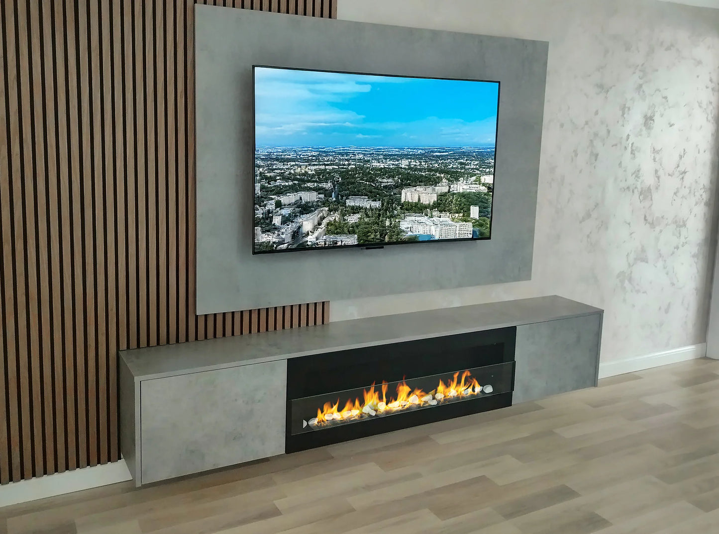 Bio-ethanol wandhaard 1200x400 zwart mat (structuur) met glas – moderne sfeerhaard zonder schoorsteen