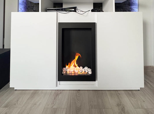 Bio-ethanol wandhaard vertical zwart mat (structuur) met glas – moderne sfeerhaard zonder schoorsteen