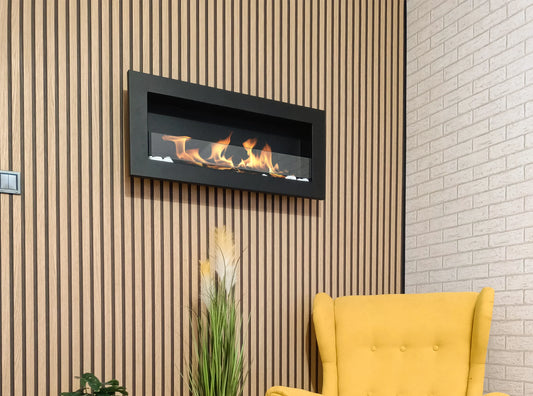 Bioethanol-Wandkamin 900x400 Slim schwarz mit Glas – moderner Kamin ohne Schornstein