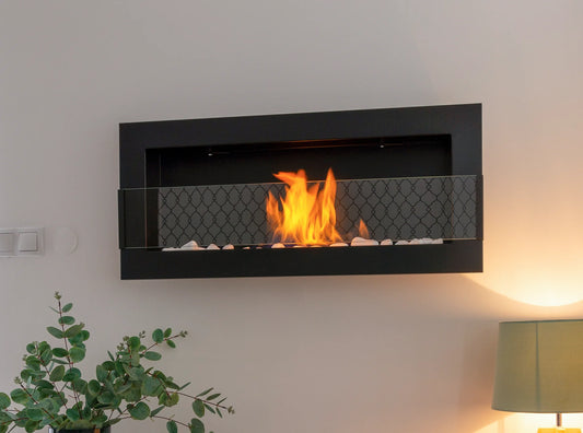 Bio-ethanol wandhaard 90x40 cm zwart mat (structuur) met glas – moderne sfeerhaard zonder schoorsteen