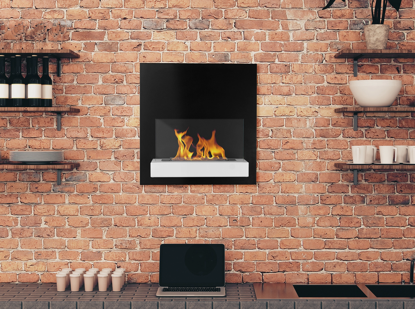 Bio-ethanol wandhaard 45x47 cm zwart-wit met glas – modern design