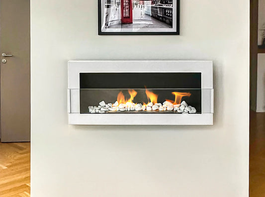 Bio-ethanol wandhaard 90x40 cm wit hoogglans met glas – moderne sfeerhaard zonder schoorsteen