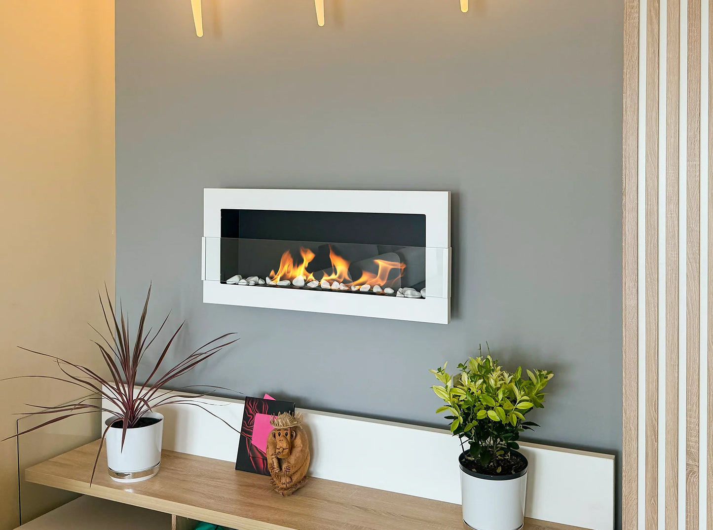 Bio-ethanol wandhaard 90x40 cm wit hoogglans met glas – moderne sfeerhaard zonder schoorsteen