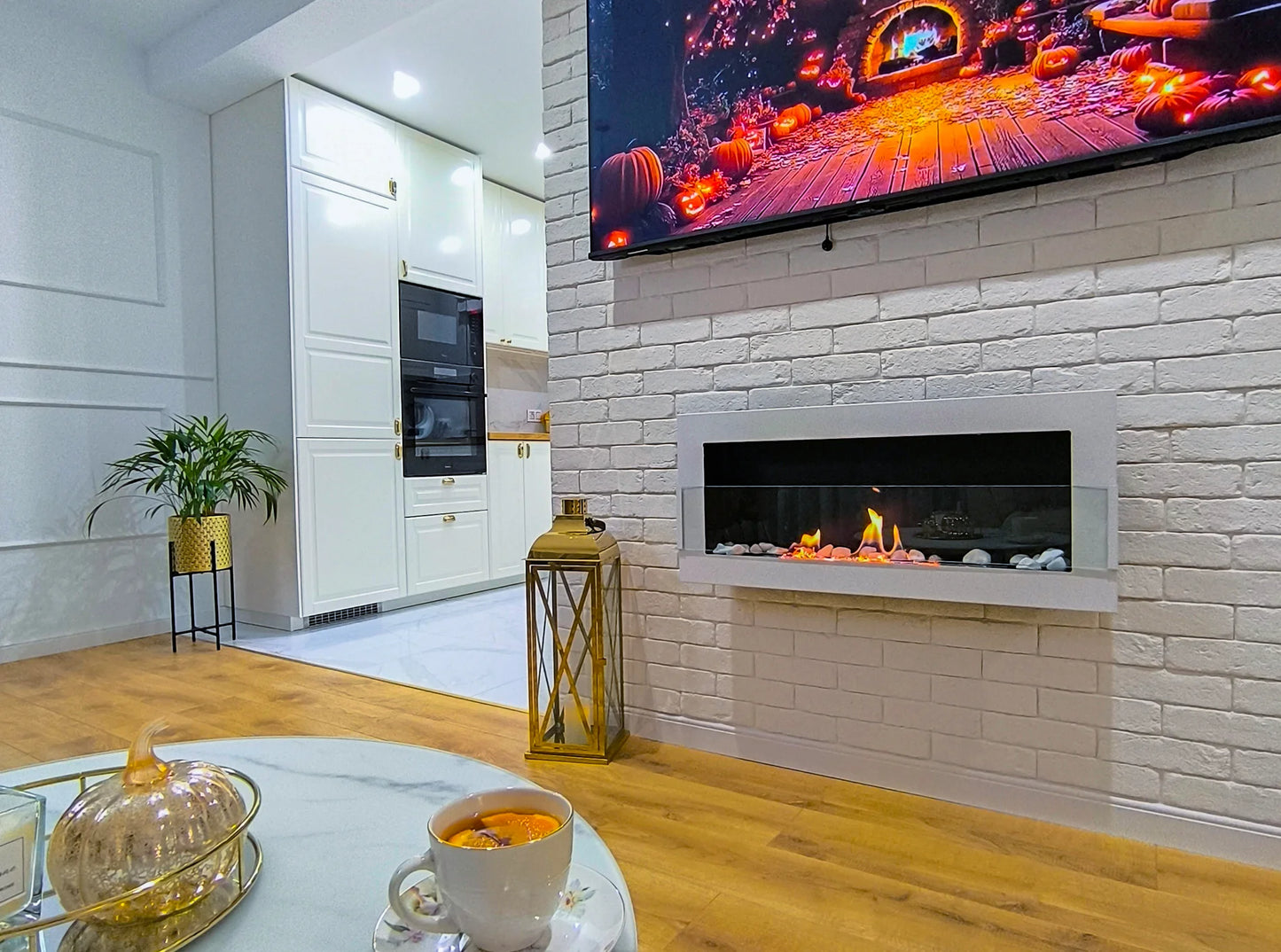 Bio-ethanol wandhaard 90x40 cm wit hoogglans met glas – moderne sfeerhaard zonder schoorsteen