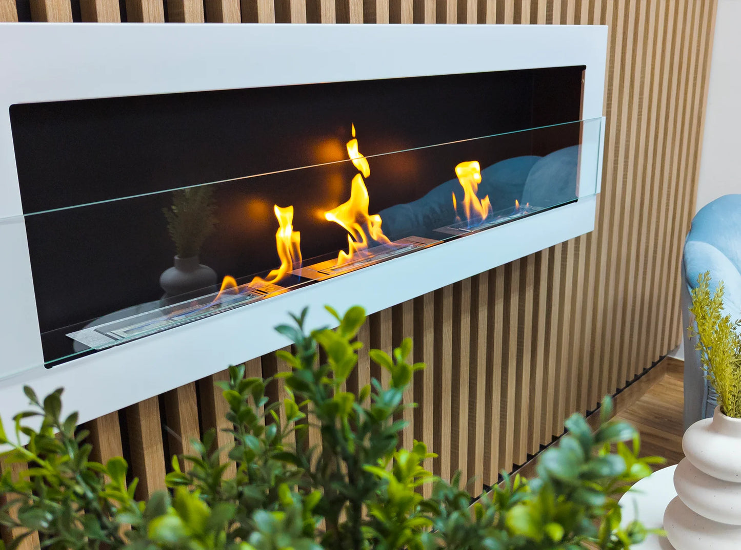 Bio-ethanol wandhaard 1200x400 wit hoogglans met glas – moderne sfeerhaard zonder schoorsteen