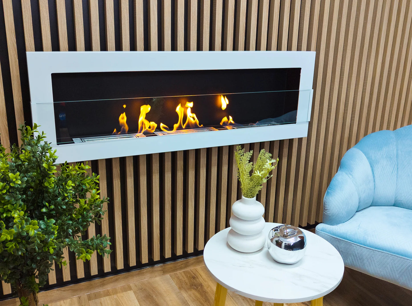 Bio-ethanol wandhaard 1200x400 wit hoogglans met glas – 3 branders