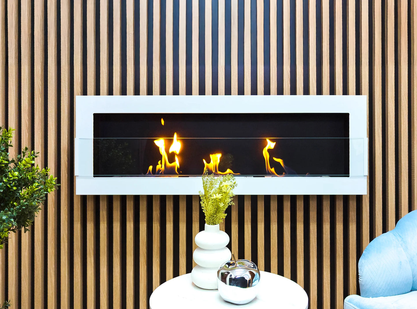 Bio-ethanol wandhaard 1200x400 wit hoogglans met glas – moderne sfeerhaard zonder schoorsteen