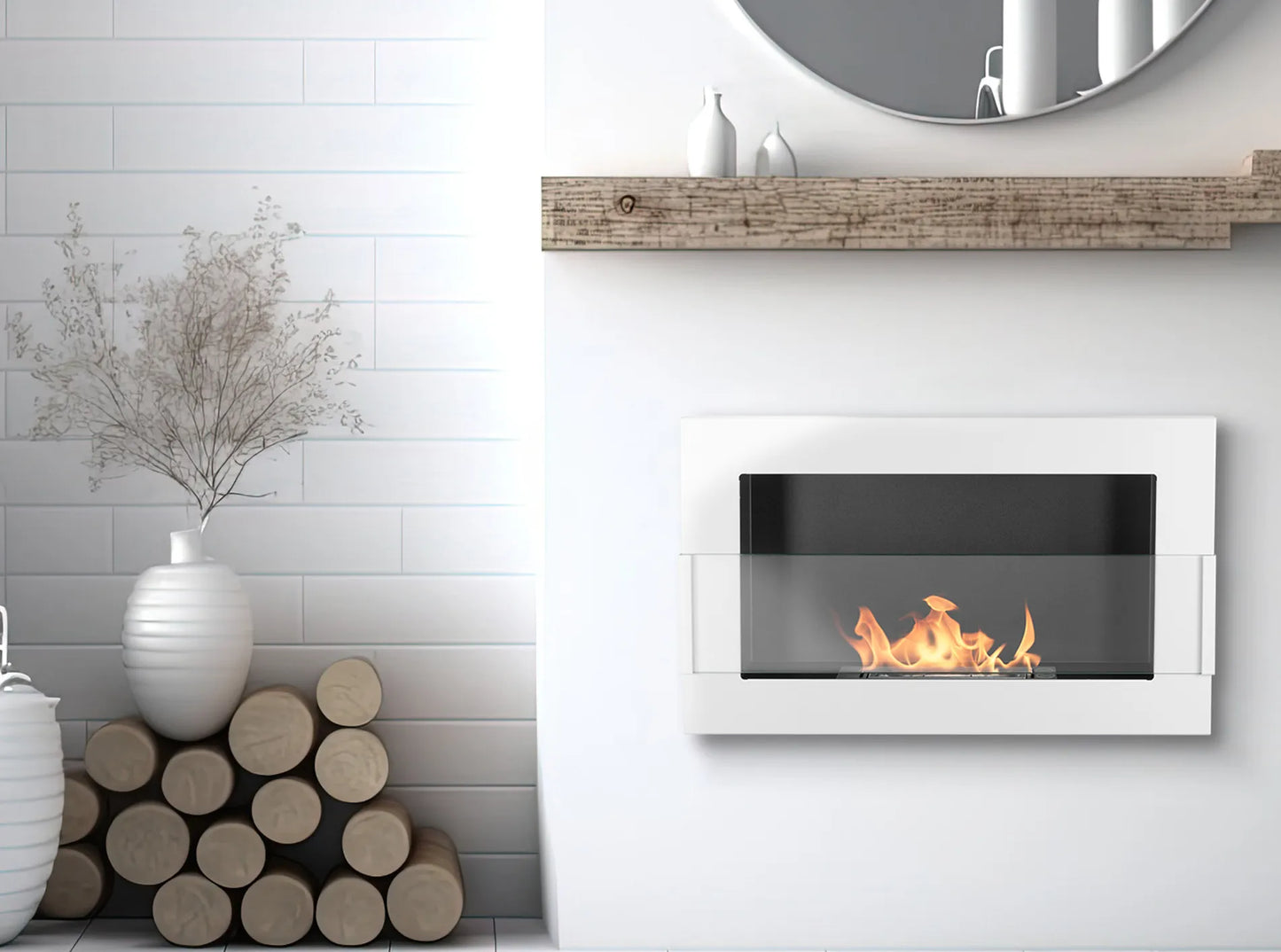 Bio-ethanol wandhaard 65x40 cm wit hoogglans met glas – moderne sfeerhaard zonder schoorsteen