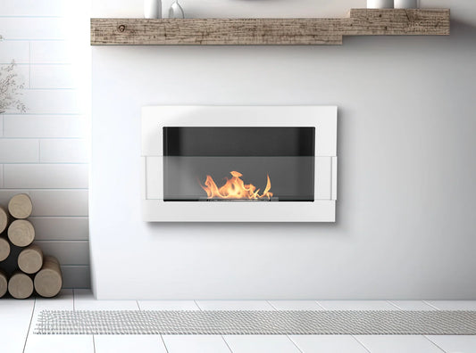 Bio-ethanol wandhaard 65x40 cm wit hoogglans met glas – moderne sfeerhaard zonder schoorsteen