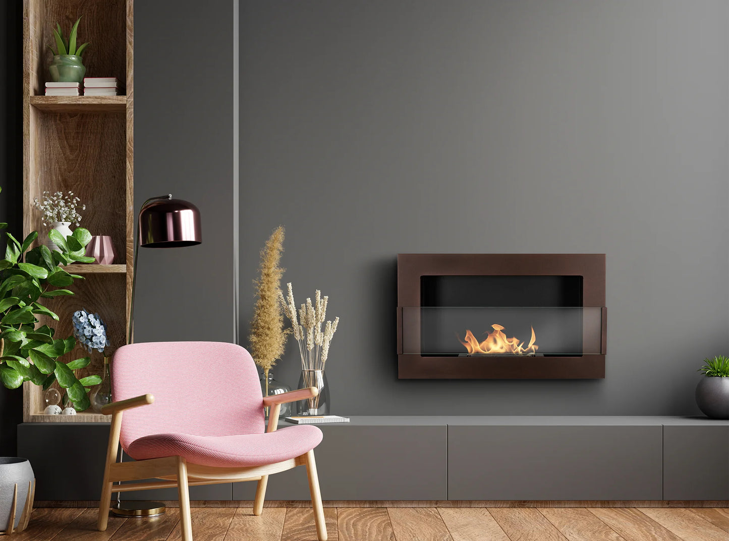 Bio-ethanol wandhaard 65x40 cm bruin mat (structuur) met glas – moderne sfeerhaard zonder schoorsteen