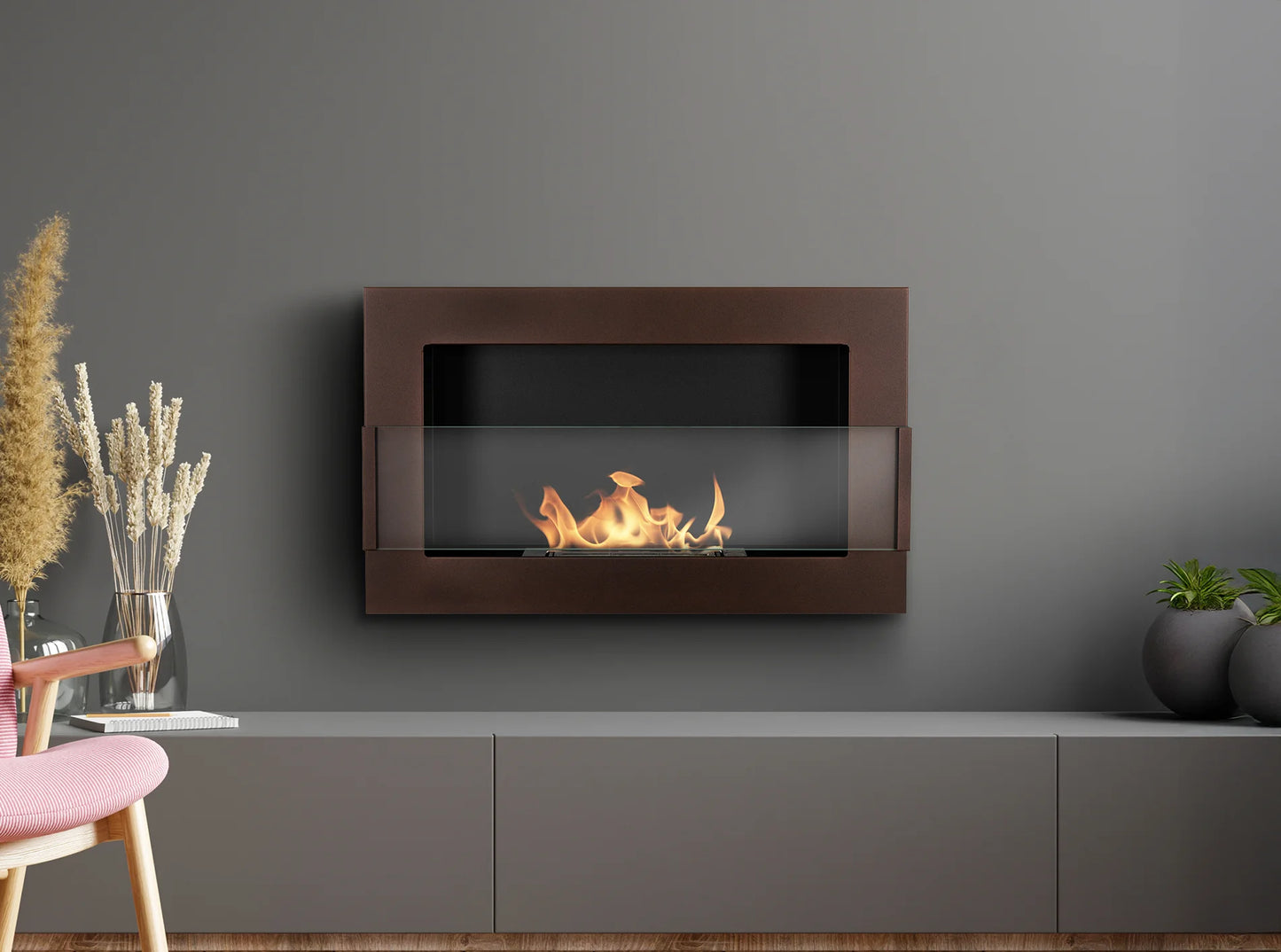 Bio-ethanol wandhaard 65x40 cm bruin mat (structuur) met glas – moderne sfeerhaard zonder schoorsteen