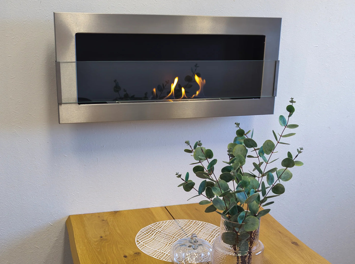 Bio-ethanol wandhaard 90x40 cm RVS inox met glas – moderne sfeerhaard zonder schoorsteen