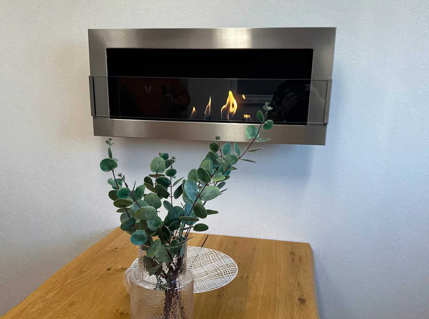 Bio-ethanol wandhaard 90x40 cm RVS inox met glas – moderne sfeerhaard zonder schoorsteen