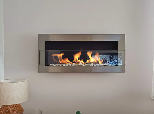 Bio-ethanol wandhaard 90x40 cm RVS inox met glas – moderne sfeerhaard zonder schoorsteen