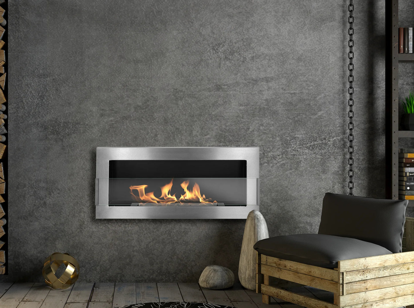 Bio-ethanol wandhaard 90x40 cm RVS inox met glas – moderne sfeerhaard zonder schoorsteen