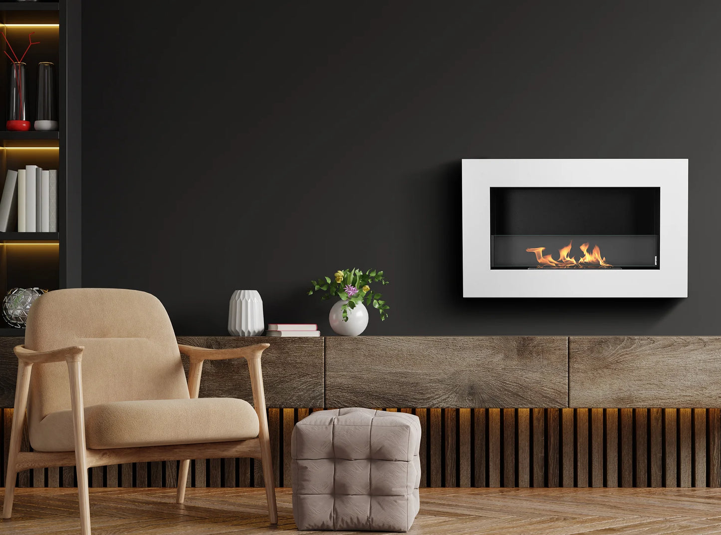 Bio-ethanol wandhaard 65x40 cm box wit mat (structuur) – moderne sfeerhaard zonder schoorsteen