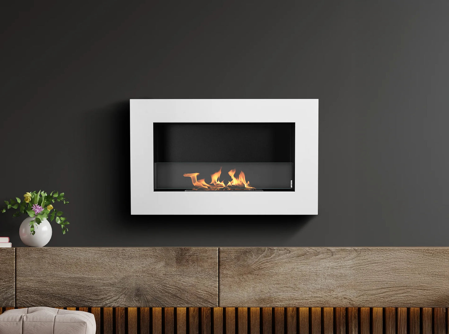 Bio-ethanol wandhaard 65x40 cm box wit mat (structuur) – moderne sfeerhaard zonder schoorsteen