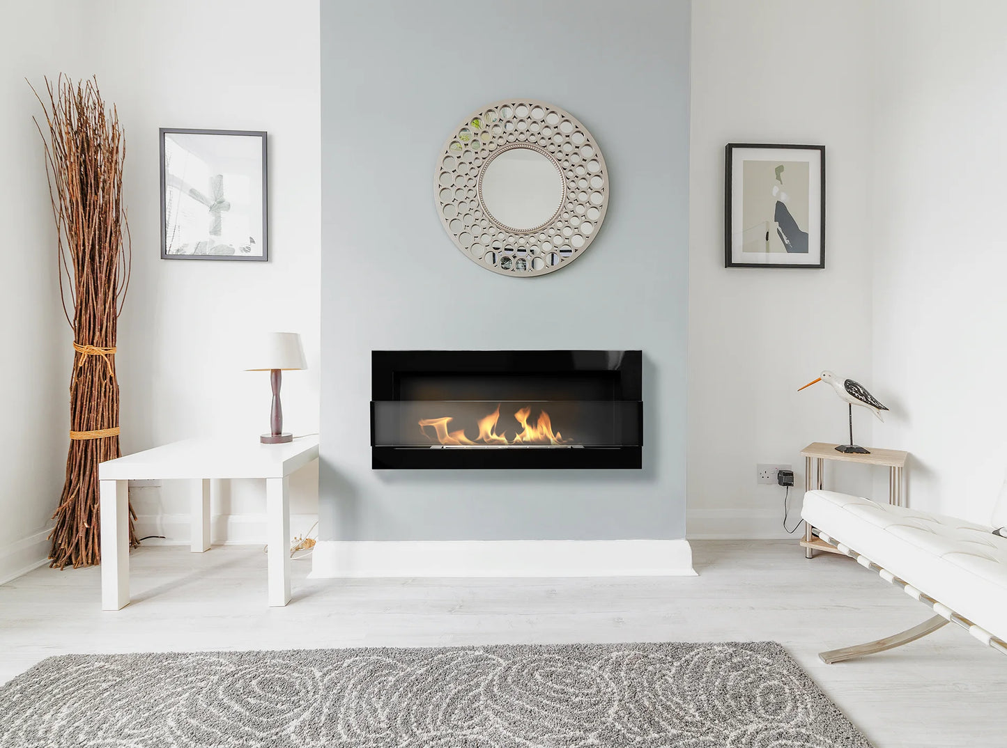 Bio-ethanol wandhaard 90x40 cm zwart hoogglans met glas – moderne sfeerhaard zonder schoorsteen