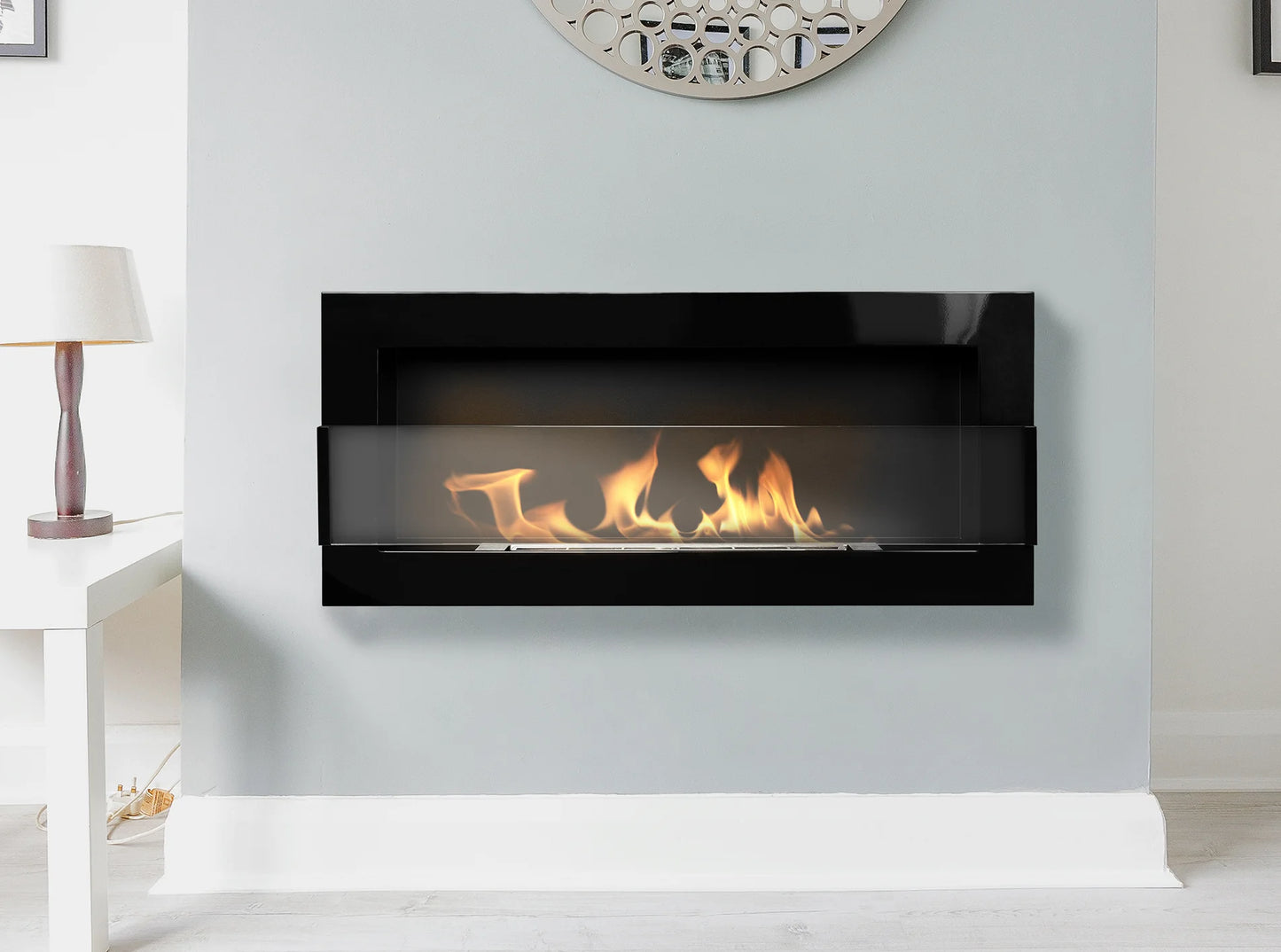 Bio-ethanol wandhaard 900x400 zwart hoogglans met glas – moderne design haard