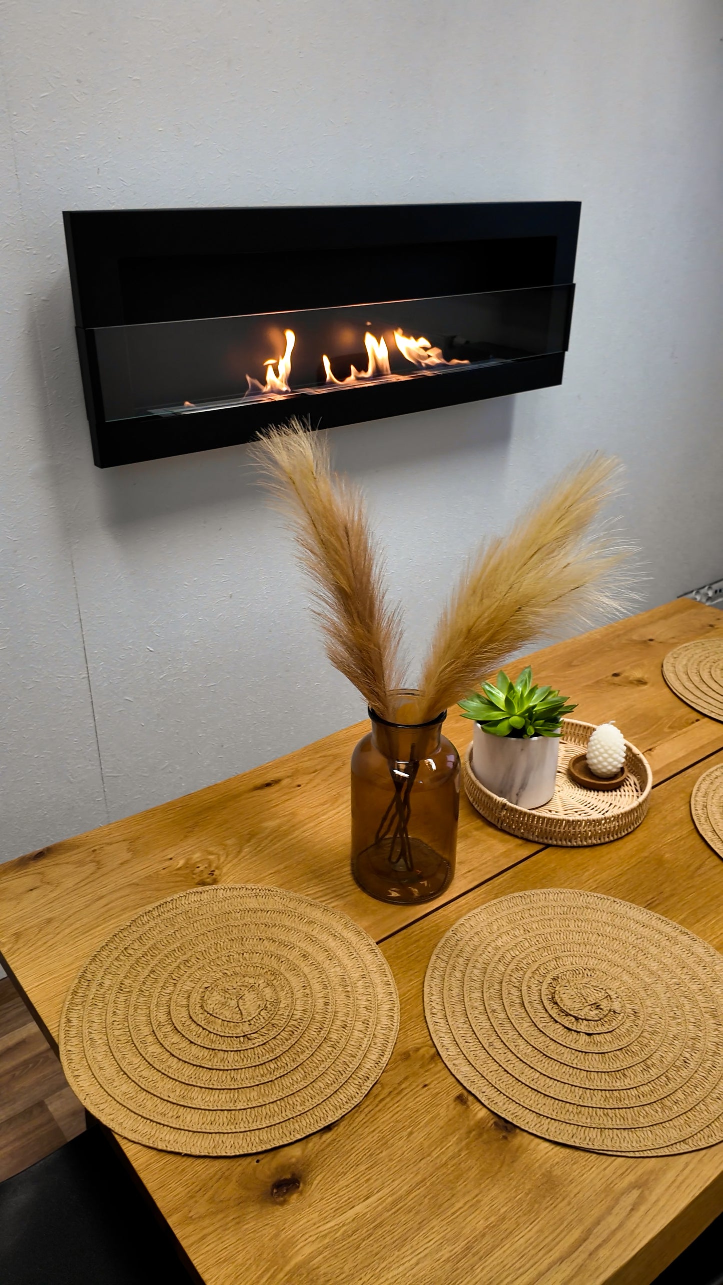 Bioethanol-Wandkamin BOX 1200x400 – Schwarz Matt mit Glas | Luxuriöser Design-Kamin ohne Schornstein