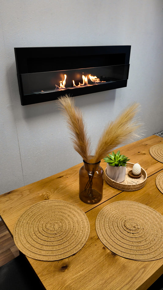 Bioethanol-Wandkamin BOX 1200x400 – Schwarz Matt mit Glas | Luxuriöser Design-Kamin ohne Schornstein
