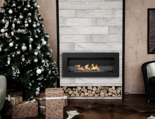 Bioethanol-Wandkamin BOX 900x400 – Schwarz Matt mit Glas | Moderner Design-Kamin ohne Schornstein