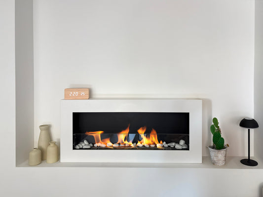 Bio Ethanol Wandhaard BOX 900x400 – Wit Mat met Glas | Moderne Design Haard Zonder Schoorsteen