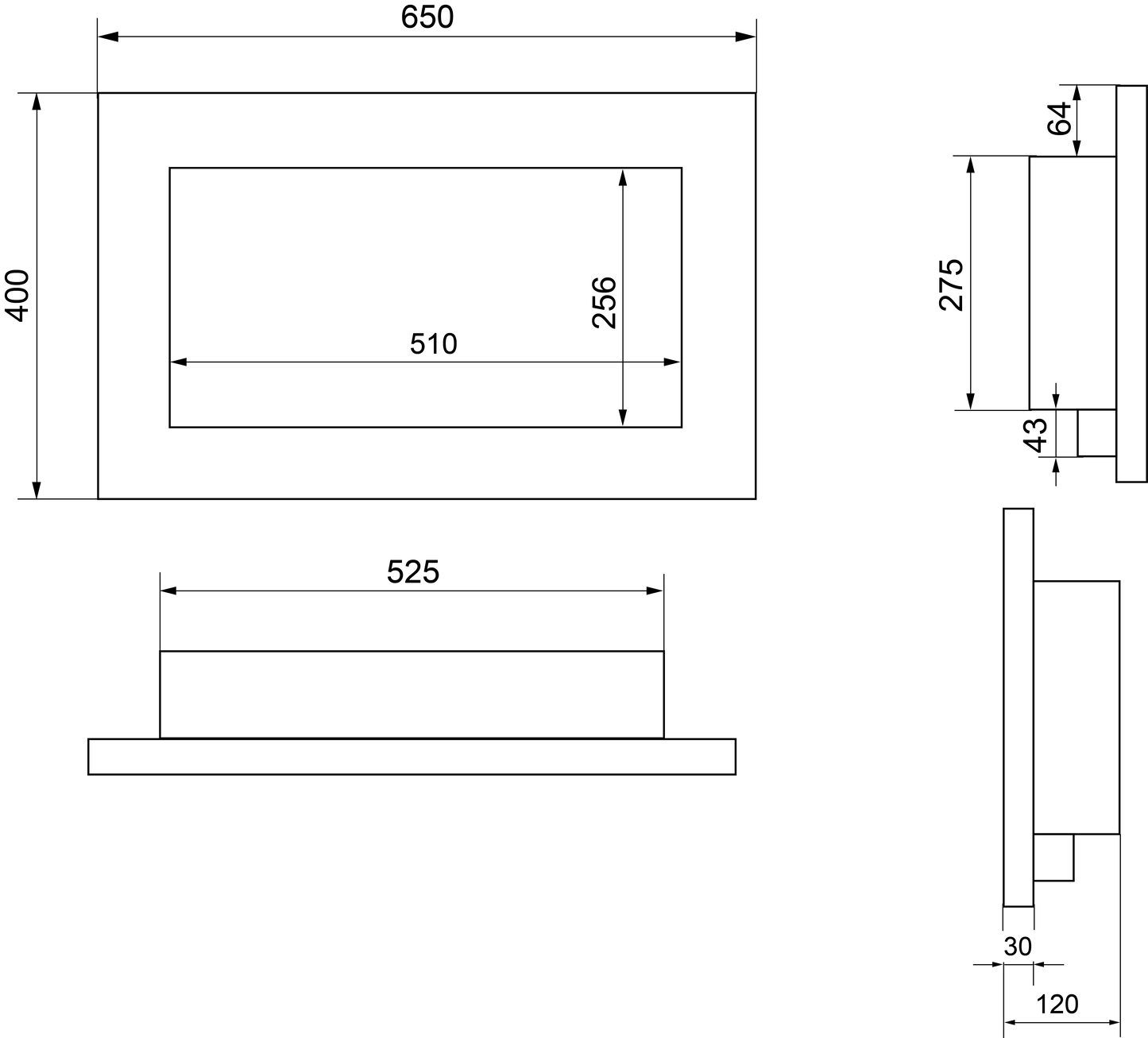 Bioethanol-Wandkamin 650x400 schwarz matt – moderner Kamin ohne Schornstein