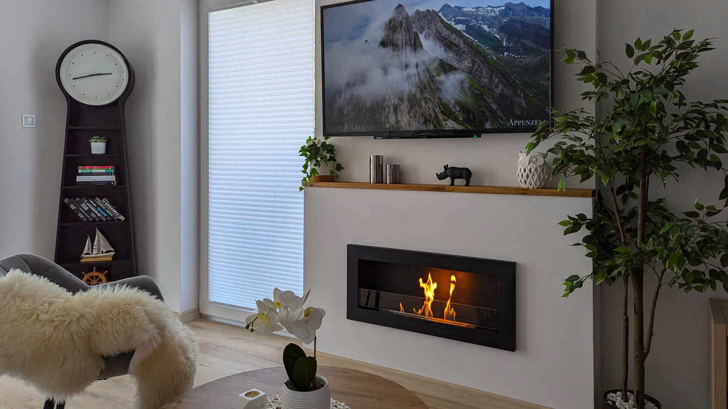 Bioethanol-Wandkamin 650x400 Slim schwarz mit Glas – moderner Kamin ohne Schornstein