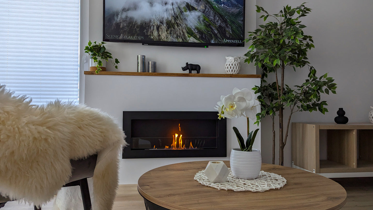 Bioethanol-Wandkamin 650x400 Slim schwarz mit Glas – moderner Kamin ohne Schornstein