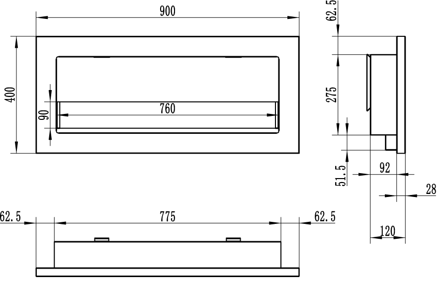 Bioethanol-Wandkamin 650x400 Slim schwarz mit Glas – moderner Kamin ohne Schornstein
