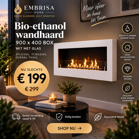 Bio Ethanol Wandhaard BOX 900x400 – Wit Mat met Glas | Moderne Design Haard Zonder Schoorsteen