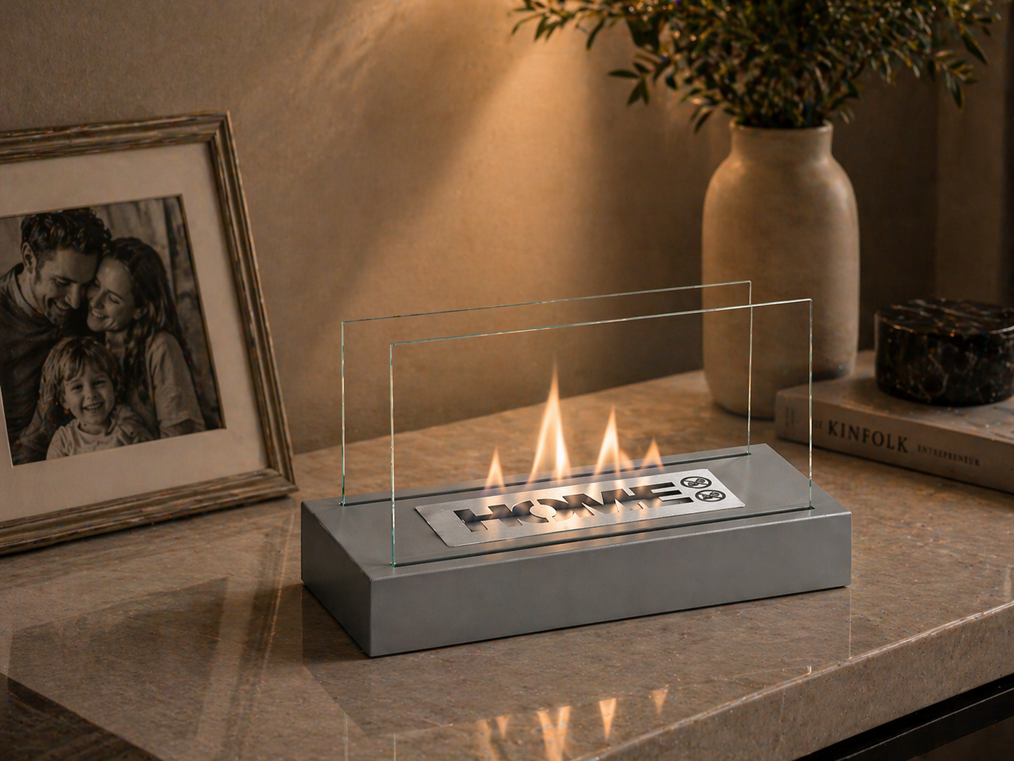 Bio ethanol haard Home grijs – moderne sfeerhaard met glas
